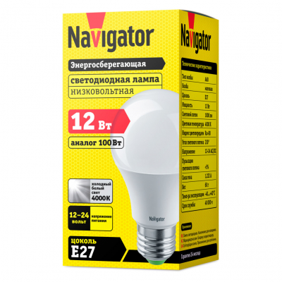 Изображение товара Лампа led груша 12вт 12/24в e27 холодная Navigator/навигатор