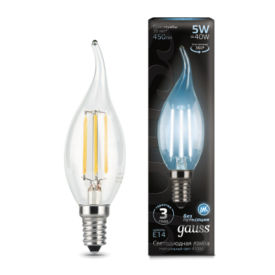 Изображение товара Светодиодная филаментная лампа GAUSS Candle tailed E14 5W 4100K 1/10/50 Изображение товара Светодиодная филаментная лампа GAUSS Candle tailed E14 5W 4100K 1/10/50