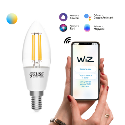 Изображение товара Умная Wi-Fi лампочка Gauss Smar Home Filament C35 4,5W E14 управляемая голосом и смартфоном Изображение товара Умная Wi-Fi лампочка Gauss Smar Home Filament C35 4,5W E14 управляемая голосом и смартфоном