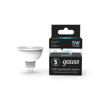 Изображение товара Gauss LED MR16 GU5.3-dim 5W 4100K диммируемая 1/10/100