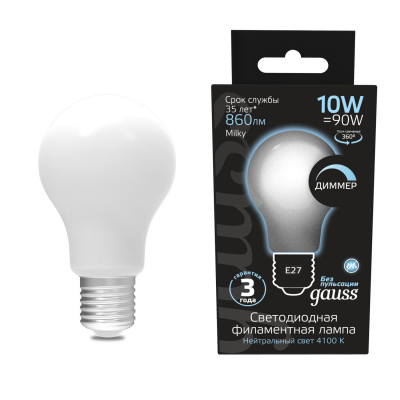 Изображение товара Лампа Gauss LED Filament A60 OPAL dimmable E27 10W 860lm 4100К 1/10/40