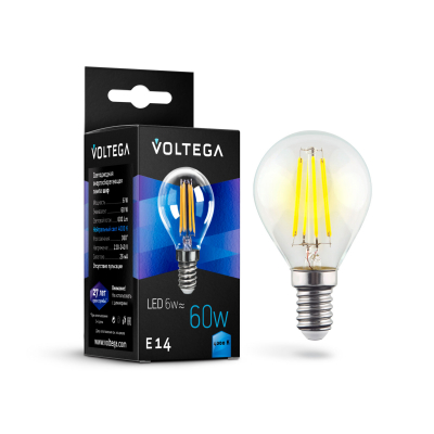 Изображение товара Лампочка Voltega Globe Е14 6W 4000К прозрачная шар 600 люмен Изображение товара Лампочка Voltega Globe Е14 6W 4000К прозрачная шар 600 люмен