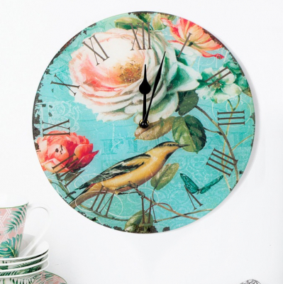 Изображение товара Настенные голубые часы Glasar с изображением цветов и птицы 30х4х30 см