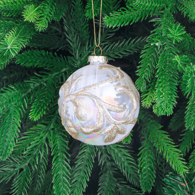 Изображение товара Шар стеклянный Yancheng Shiny белый с золотым узором 8 см для елки