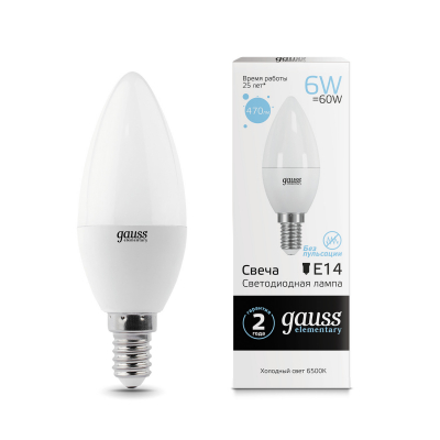 Изображение товара Лампа Gauss LED Elementary Свеча 6W E14 470lm 6500K 1/10/100