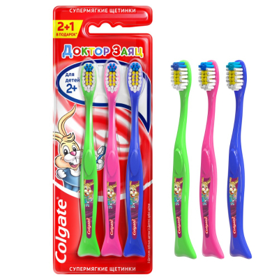 Изображение товара Детская зубная щетка Colgate Доктор Заяц 2+ супермягкая - 3 шт по цене 2 Изображение товара Детская зубная щетка Colgate Доктор Заяц 2+ супермягкая - 3 шт по цене 2