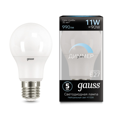 Изображение товара Лампа Gauss LED A60-dim E27 11W 990lm 4100К диммируемая 1/10/50