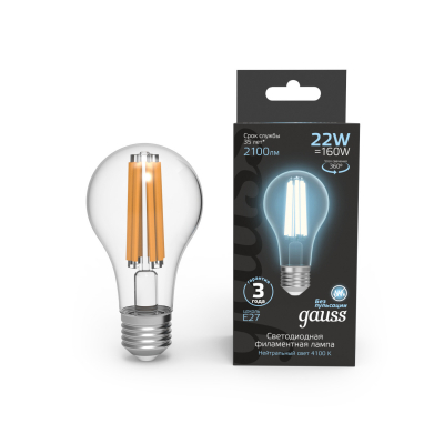 Изображение товара Лампа Gauss Filament А70 22W 2100lm 4100К Е27 LED Изображение товара Лампа Gauss Filament А70 22W 2100lm 4100К Е27 LED