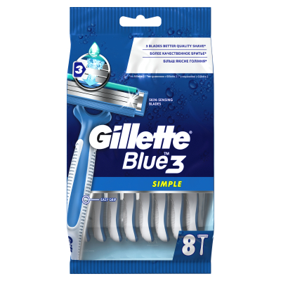 Изображение товара Одноразовые мужские бритвы Gillette Blue3 Simple, с 3 лезвиями, 8, фиксированная головка