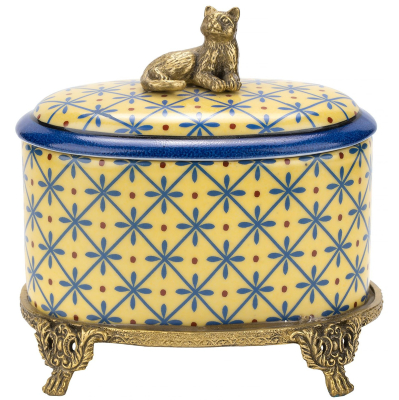 Изображение товара Шкатулка Glasar на ножках с кошечкой желтая 13х9х12 см из фарфора и бронзы