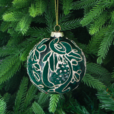 Изображение товара Игрушка елочная Yancheng Shiny зеленая 10 см с орнаментом