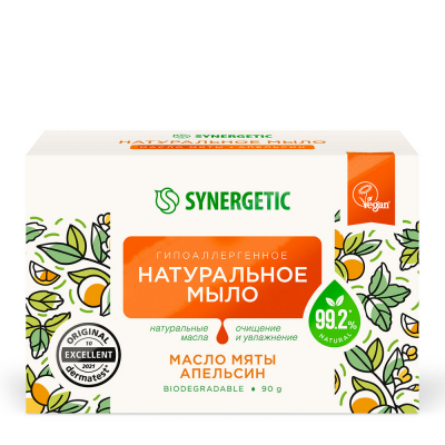 Изображение товара Натуральное туалетное твердое мыло Synergetic с маслом мяты и апельсином 90 г