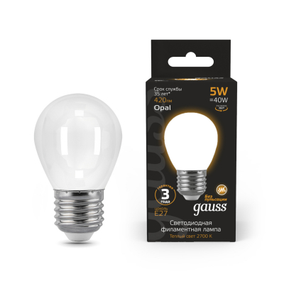 Изображение товара Лампа Gauss LED Filament Шар OPAL E27 5W 420lm 2700K молочная колба Изображение товара Лампа Gauss LED Filament Шар OPAL E27 5W 420lm 2700K молочная колба