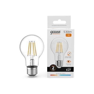 Изображение товара Лампа Gauss Filament Elementary А60 7W 530lm 2700K Е27 LED Изображение товара Лампа Gauss Filament Elementary А60 7W 530lm 2700K Е27 LED