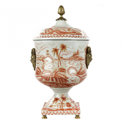 Изображение товара Фарфоровая ваза Glasar с крышкой и бронзовыми элементами 39,37 см белая с розовым принтом