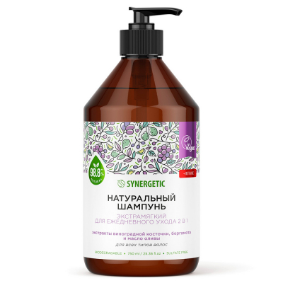 Изображение товара Шампунь для всех типов волос Synergetic Экстрамягкий для ежедневного ухода 2в1 натуральный, бессульфатный, 750 мл