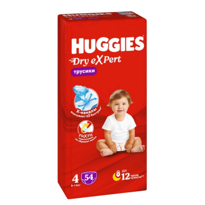 Изображение товара Трусики-подгузники Huggies Dry eXpert 4/L, 54 шт, 9-14 кг, Белые