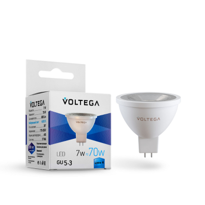 Изображение товара Светодиодная лампочка Voltega Sofit Lens GU5.3 7W 4000K для домашнего и офисного освещения Изображение товара Светодиодная лампочка Voltega Sofit Lens GU5.3 7W 4000K для домашнего и офисного освещения