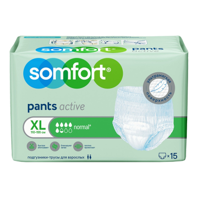 Изображение товара Подгузники-трусы Somfort Active Normal XL 15 шт Изображение товара Подгузники-трусы Somfort Active Normal XL 15 шт