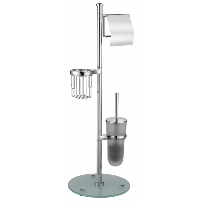 Изображение товара Напольная стойка К-1256, круг (держатель т/б с крышкой, ерш подвесной матовое стекло, держатель освежителя)  металл, матовое стекло WasserKraft