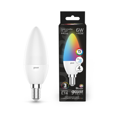 Изображение товара Лампа Gauss Свеча 6W E14 RGBW+димирование LED 1/100