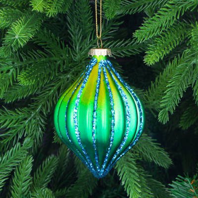 Изображение товара Игрушка ёлочная Yancheng Shiny шар жёлто-зелёный с синим орнаментом 10 см