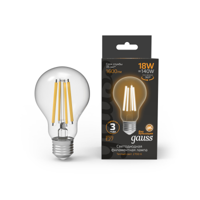 Изображение товара Лампа Gauss Filament А60 18W 1600lm 2700К Е27 LED 1/10/40