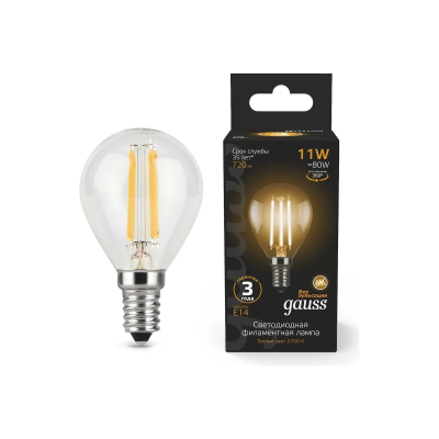 Изображение товара Лампочка LED Gauss Filament шар 11W 720lm 2700K Е14 энергосберегающая Изображение товара Лампочка LED Gauss Filament шар 11W 720lm 2700K Е14 энергосберегающая