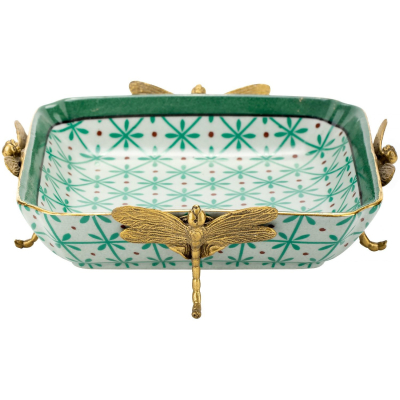 Изображение товара Блюдо Glasar на стрекозах зеленое 17х17х6 см - посуда из фарфора и бронзы