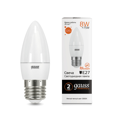 Изображение товара Gauss Elementary Candle 8W E27 3000K светодиодная лампа свеча Изображение товара Gauss Elementary Candle 8W E27 3000K светодиодная лампа свеча