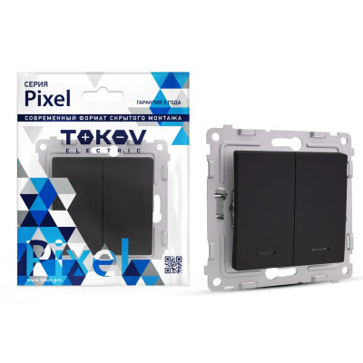 Изображение товара Выключатель Tokov Electric Pixel двухклавишный с индикатором карбоновый