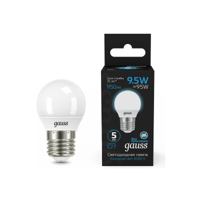 Изображение товара LED лампа Gauss Шар 9.5W 950lm 6500K E27 освещение для дома и офиса Изображение товара LED лампа Gauss Шар 9.5W 950lm 6500K E27 освещение для дома и офиса