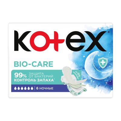 Изображение товара Прокладки Kotex Bio-Care ночные 6 шт гигиенические для женщин Изображение товара Прокладки Kotex Bio-Care ночные 6 шт гигиенические для женщин