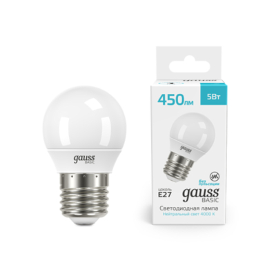 Изображение товара Лампа Gauss Basic LED-M G45 5W 450Lm 4000K E27 LED Изображение товара Лампа Gauss Basic LED-M G45 5W 450Lm 4000K E27 LED