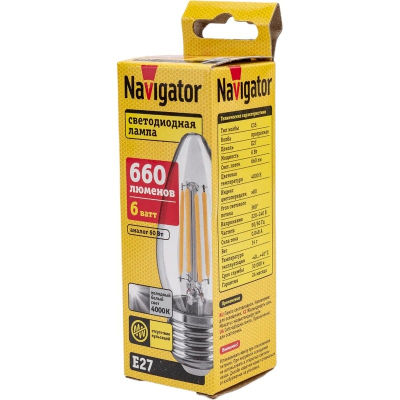 Изображение товара Лампа Navigator LED filament свеча с35 6 вт х е27