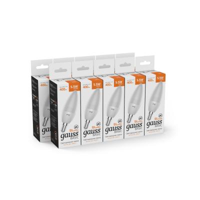 Изображение товара Светодиодная лампа Gauss Basic Свеча 5,5W 400lm 3000K E14 10 шт