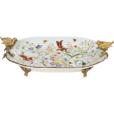 Изображение товара Вытянутое блюдо с птичками Glasar из фарфора и бронзы 31х22х9 см ручная работа