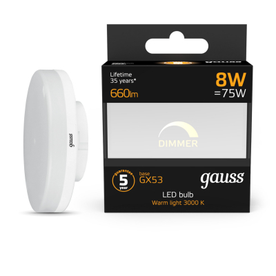 Изображение товара Лампа Gauss LED GX53 8W 660lm 3000K диммируемая для офисов и помещений Изображение товара Лампа Gauss LED GX53 8W 660lm 3000K диммируемая для офисов и помещений