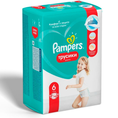 Изображение товара Подгузники-трусики Pampers Pants размер 6, 15+ кг 14 шт Изображение товара Подгузники-трусики Pampers Pants размер 6, 15+ кг 14 шт