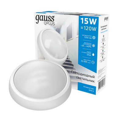 Изображение товара Светильник Gauss IP65 15W 6500K круглый уличный для наружного освещения Изображение товара Светильник Gauss IP65 15W 6500K круглый уличный для наружного освещения