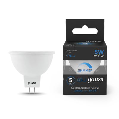 Изображение товара Лампа LED Gauss MR16 5W 530lm 6500K диммируемая GU5.3 Изображение товара Лампа LED Gauss MR16 5W 530lm 6500K диммируемая GU5.3