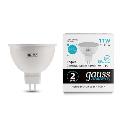 Изображение товара Лампа Gauss Elementary MR16 11W 4100K GU5.3 для внутреннего и наружного освещения Изображение товара Лампа Gauss Elementary MR16 11W 4100K GU5.3 для внутреннего и наружного освещения