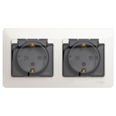 Изображение товара Розетка Шнайдер Glossa двойная с заземлением, со шторками, в сборе, ip44, перламутр (GSL000647)