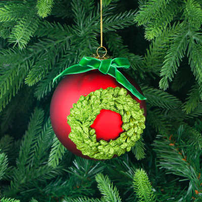 Изображение товара Ёлочная играYancheng Shiny стеклянная шар красный с зеленым венком 10 см