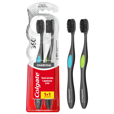 Изображение товара Щётка зубная Colgate 360° с древесным углём средней жёсткости 2 шт
