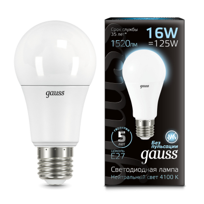 Изображение товара Светодиодная лампа Gauss LED A60 16W E27 1470lm 4100K для дома и офиса Изображение товара Светодиодная лампа Gauss LED A60 16W E27 1470lm 4100K для дома и офиса