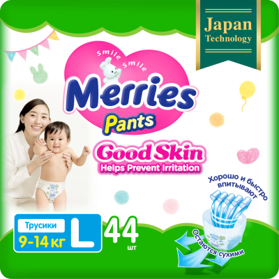 Изображение товара Подгузники-трусики Merries Good Skin L 44 шт японские технологии Изображение товара Подгузники-трусики Merries Good Skin L 44 шт японские технологии