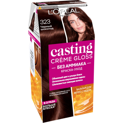 Изображение товара Краска для волос L'Oreal Casting Creme Gloss 323 Черный шоколад, безаммиачная, 254 мл Изображение товара Краска для волос L'Oreal Casting Creme Gloss 323 Черный шоколад, безаммиачная, 254 мл