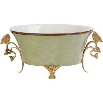 Изображение товара Чаша с ручками Glasar зеленая 35х21х15 см из фарфора с бронзой ручной работы