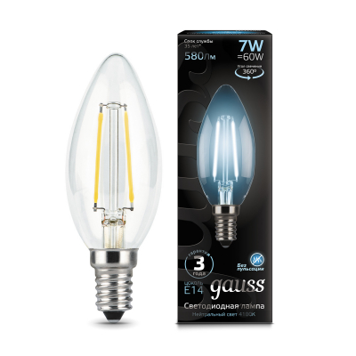 Изображение товара Лампа Gauss LED Filament Candle E14 7W 4100К для стильного освещения Изображение товара Лампа Gauss LED Filament Candle E14 7W 4100К для стильного освещения